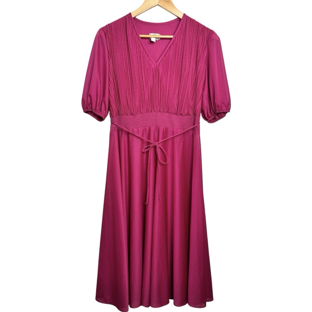 Vintage Samuel Blue Dress Size 6 Pink Purple Pleated Midi Puff Sleeve 70's